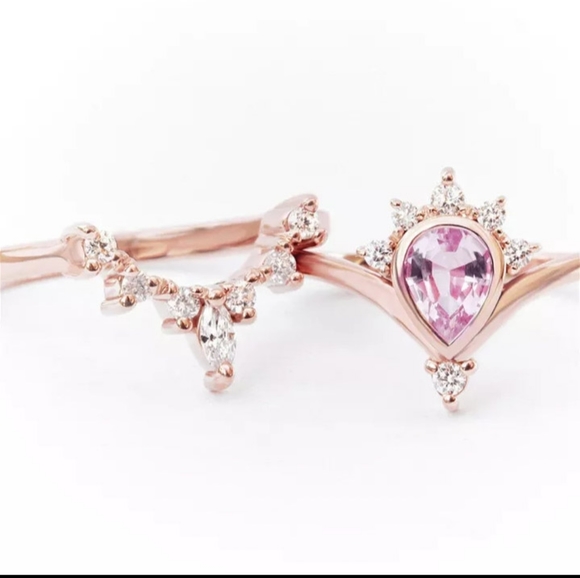 HPπ2pc Rose Gold Pink Sapphire Diamond Pear Ring - Picture 4 of 5